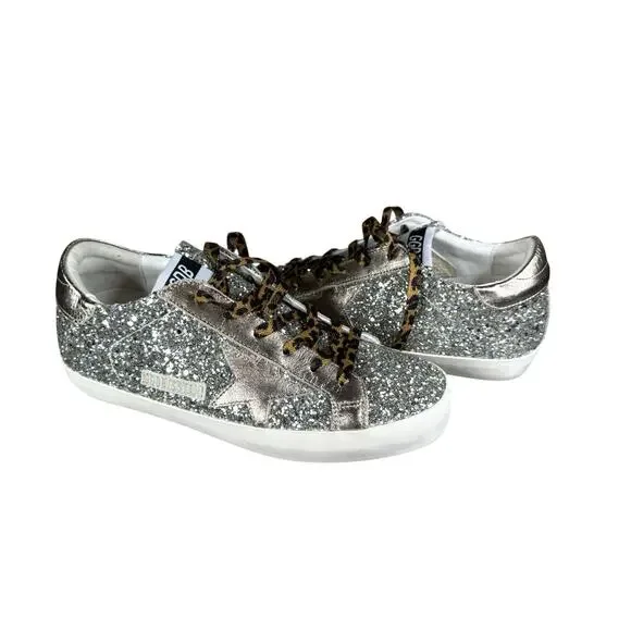 Golden Goose Superstar Glitter Star Sneakers Leopard Laces Italy US 10 - Picture 3 of 15